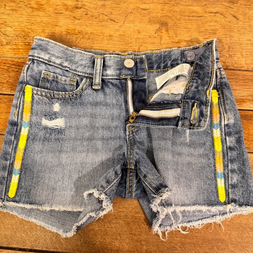 Old Navy Denim Shorts Girls 10 Blue Distressed Embroidered Side Trim Cut-Off